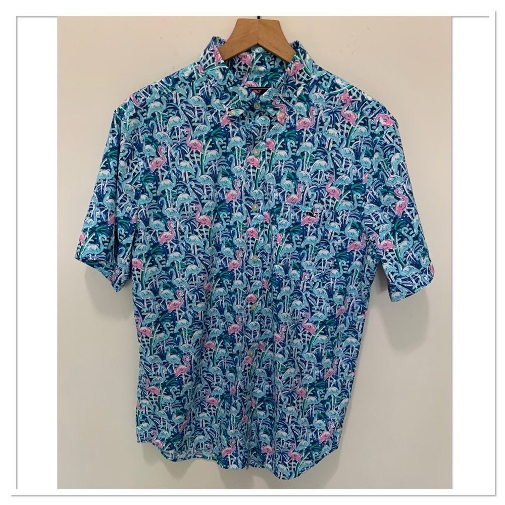 Vineyard Vines Performance Flamingo Button Down Shirt Short Sleeve Blue Size M
